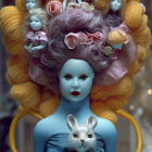 Surreal image of blue-skinned humanoid figures with golden headpieces