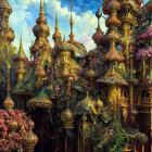 Fantastical cityscape with golden spires and whimsical architecture