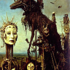 Surreal Artwork: Humanoid Figure with Crown, Birds, Twisted Creature