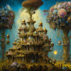 Fantastical landscape with ornate tree-like structures and floating celestial bodies