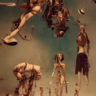 Surreal artwork: humanoid figures, elongated limbs, steampunk mechanical parts.