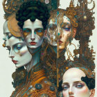 Three stylized futuristic faces with intricate adornments and makeup in an otherworldly setting.