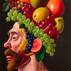 Surreal portrait blending man's face with fruits like grapes and orange