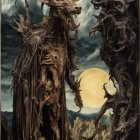 Mystical figure with horned skull headpiece in moonlit backdrop