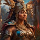 Female warrior in golden armor amid lush jungle