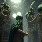 Green reptilian-faced humanoid in cape in dimly lit room with serpent statues