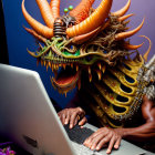 Monstrous creature with orange horns and tentacles using a laptop