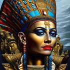 Egyptian Pharaoh Portrait with Golden Headdress and Blue Jewelry