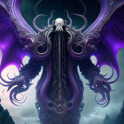 Purple-winged creature with tentacles in mystical landscape.