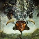 Surreal artwork: Skull with serpent crown in stormy sky