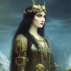 Regal figure in golden crown and ornate armor on magical background