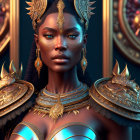 Regal woman in golden armor and ornate headdress with gemstones