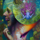 Surreal Artwork: Woman's Head with Cosmic Bubble Brain and Creatures