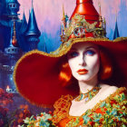 Detailed red-haired woman in ornate attire against castle backdrop