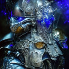 Futuristic knight in ornate armor with glowing blue visor against starry backdrop