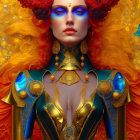 Vibrant digital artwork: woman with blue skin, golden armor, orange hair