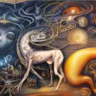 Surreal painting featuring centaur, globe holder, swirling clouds, ethereal figures in gold and