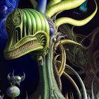 Surreal biomechanical painting: horned heads, tubular structures, hovering orbs