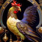 Colorful Rooster with Red Crest and Blue Feathers in Golden Decorative Frame