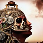 Steampunk skull with gears and metallic details against surreal backdrop