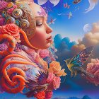 Vibrant surreal artwork: female figure with oceanic hair in dreamy setting