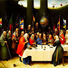 Group of robed figures in scholarly discussion with flags, celestial orbs, and instruments