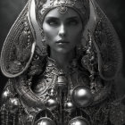 Monochrome portrait of a person with metallic headdress and armor, intricate patterns, futuristic theme