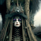 Fantastical portrait of woman with tribal makeup and feathered headdress