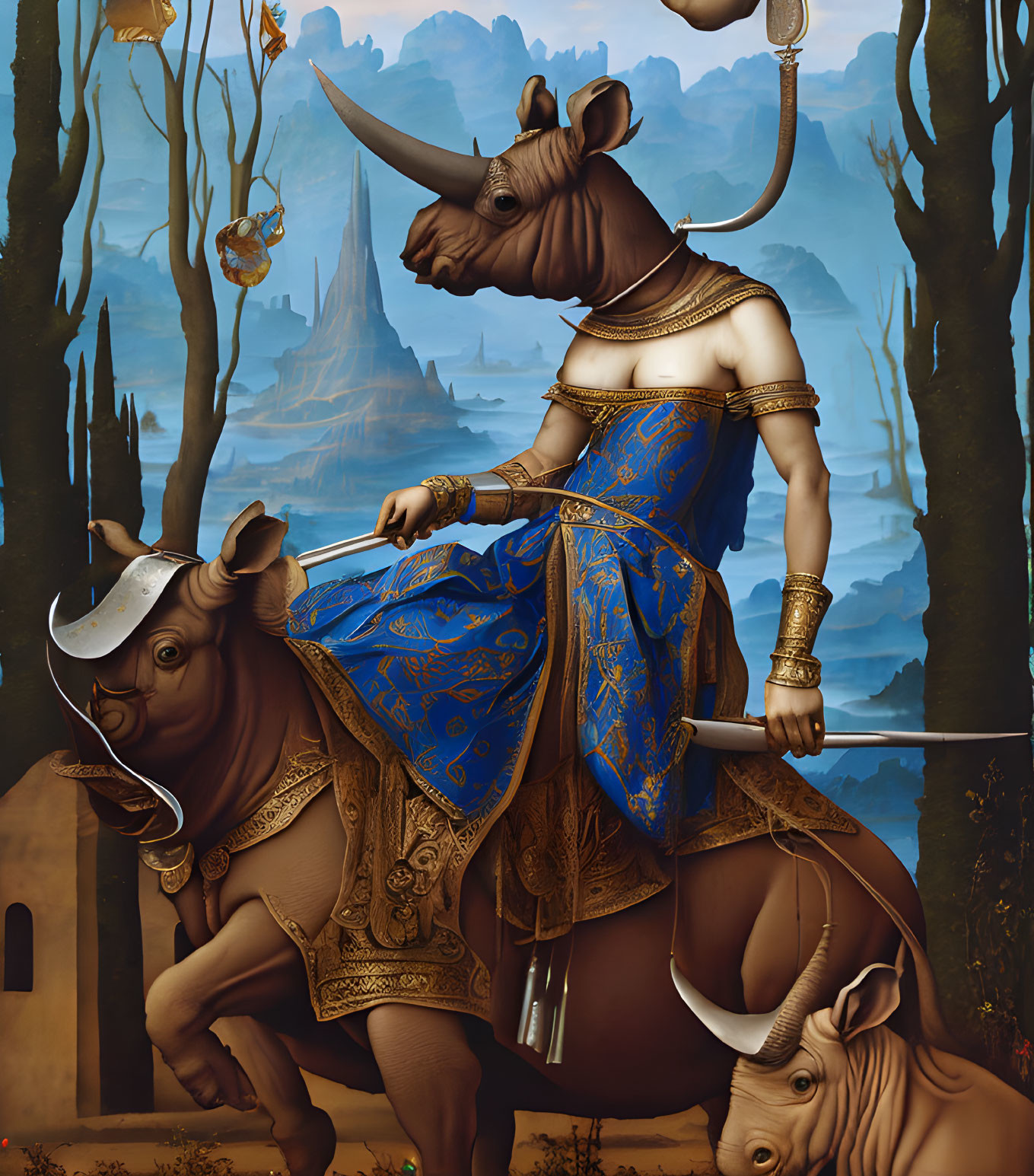 Person with Rhinoceros Head Riding Another Rhinoceros in Mystical Forest