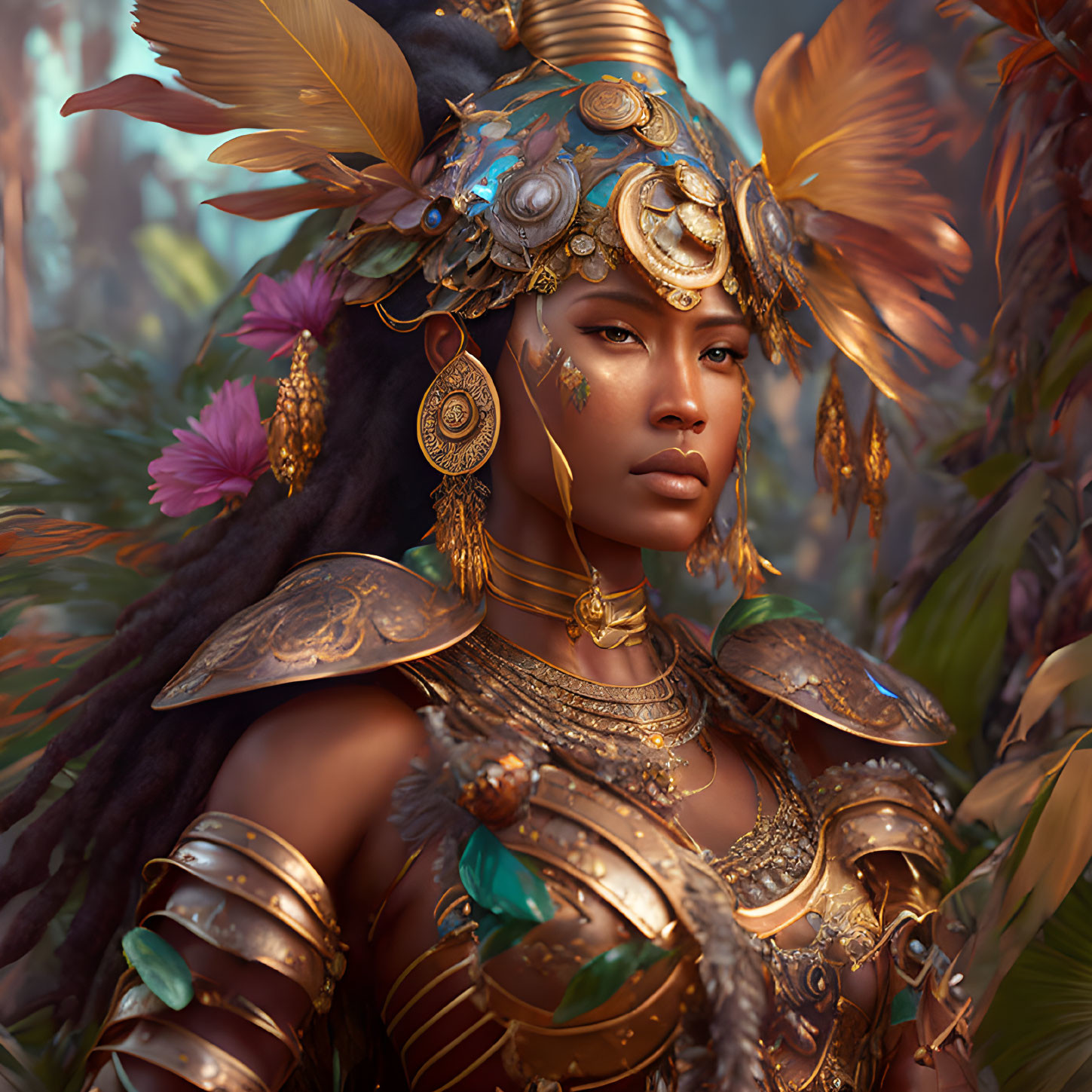 Female warrior in golden armor amid lush jungle