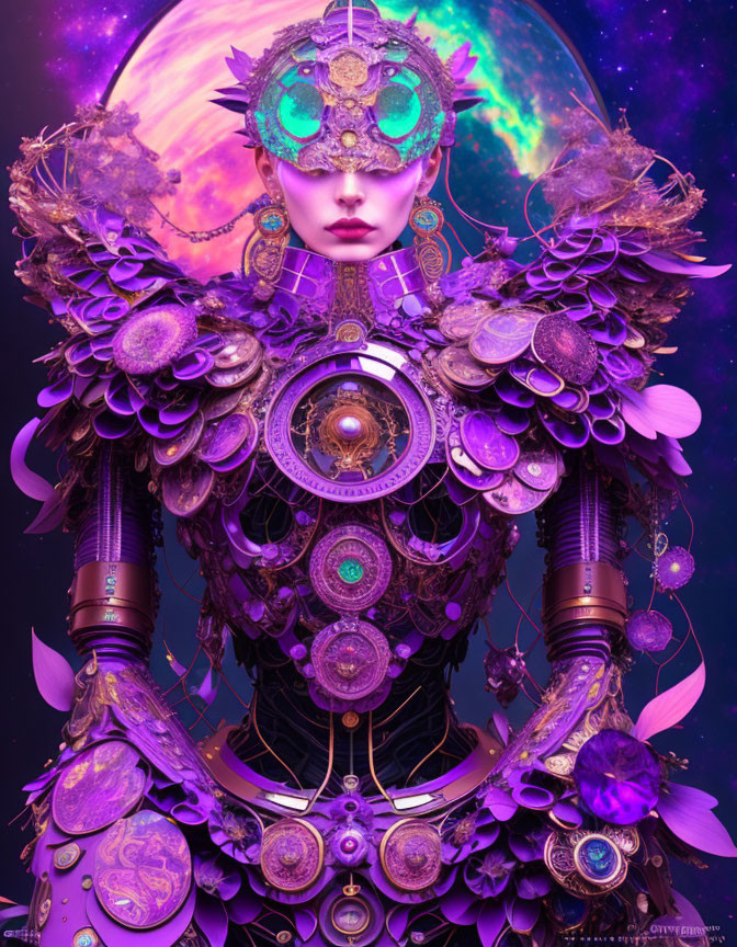 Steampunk-inspired digital art of a person in cosmic setting