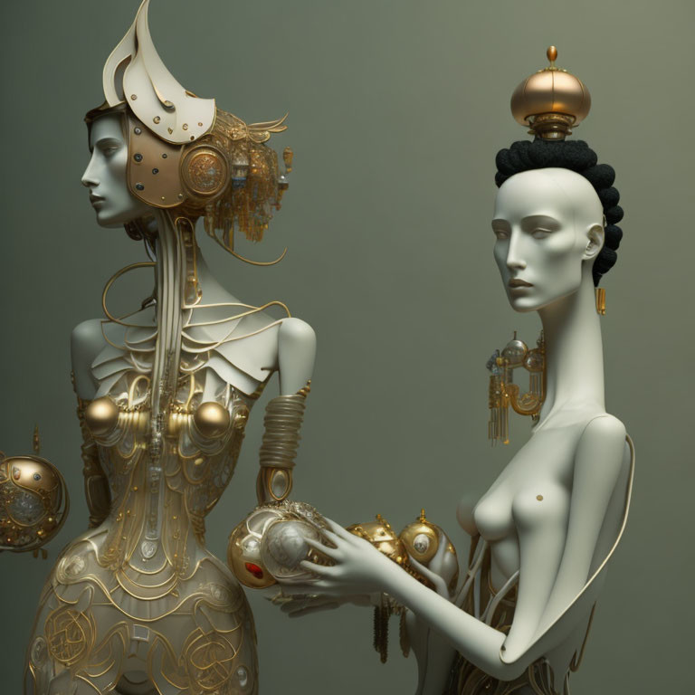 Intricate Steampunk-Style Female Android Figures