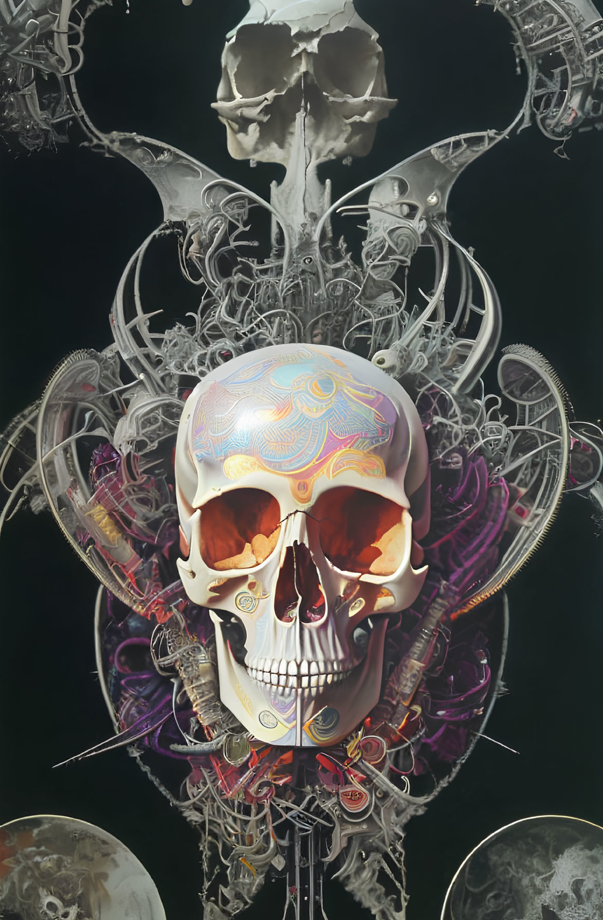 Abstract composition of decorated skull with mechanical and organic elements