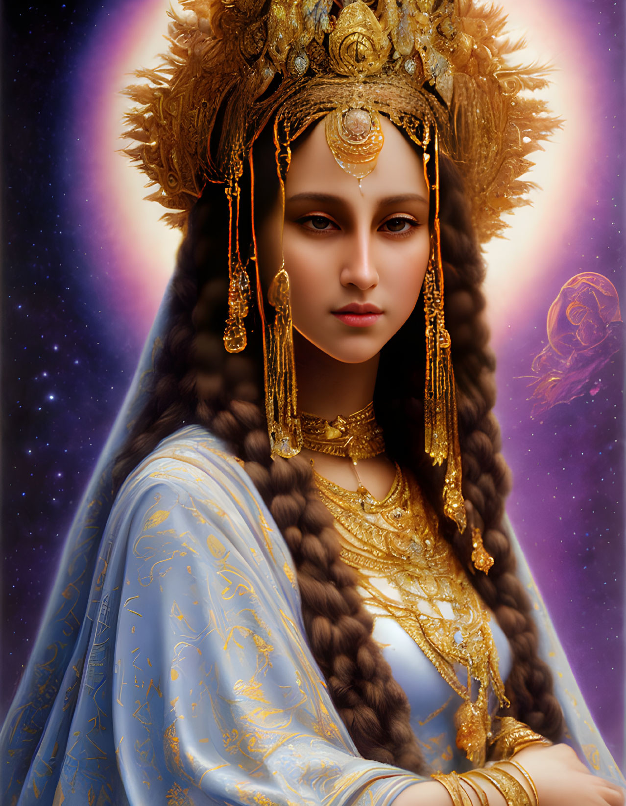 Regal woman in golden headgear and blue attire against cosmic backdrop