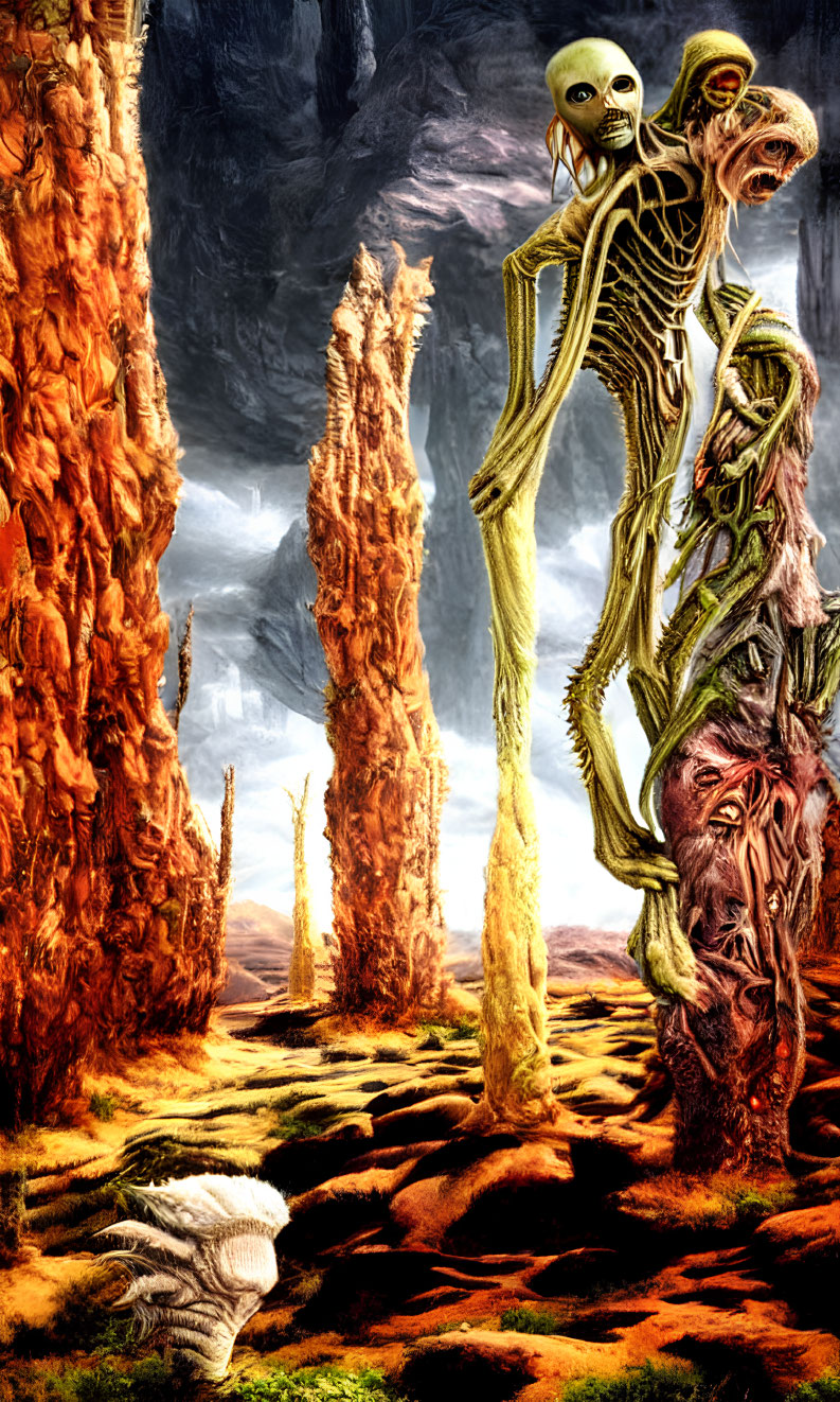 Skeletal alien creature in fantastical rock formations