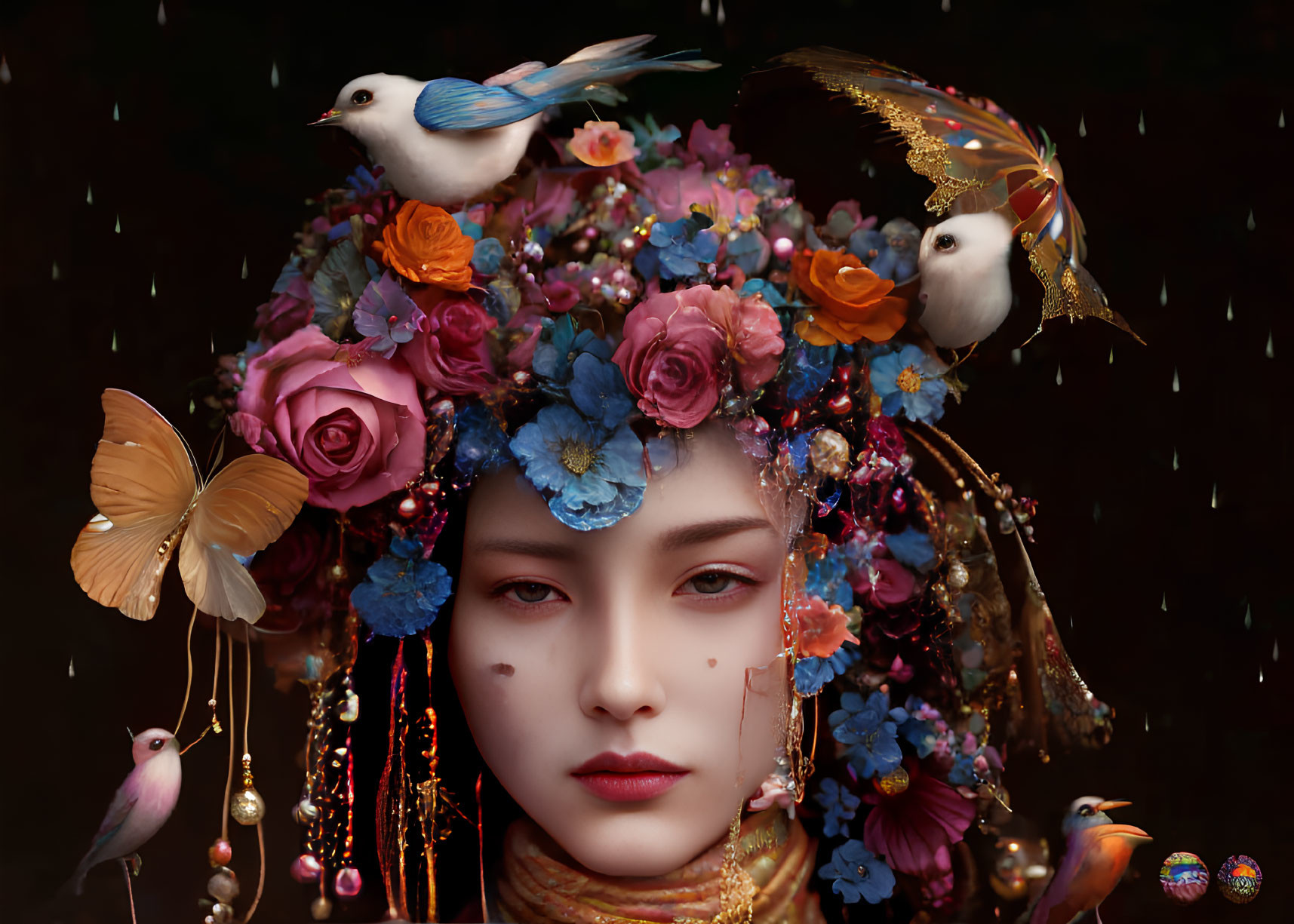 Woman with floral headdress and animals on dark background