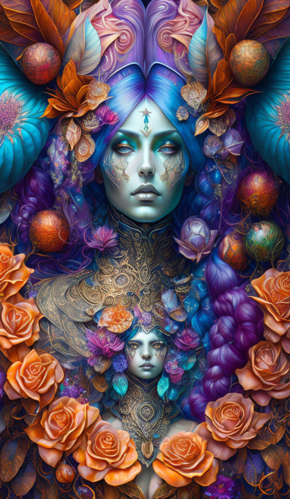 Colorful digital art: Blue-skinned character in ornate attire among flowers and feathers