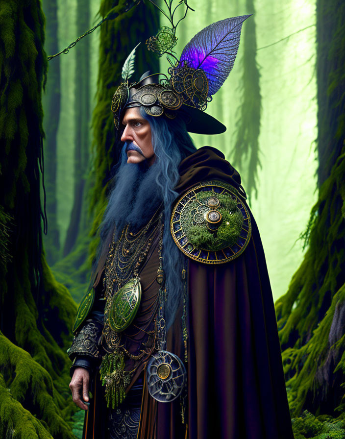 Elder wizard in blue beard, armor, winged helmet, enchanted forest