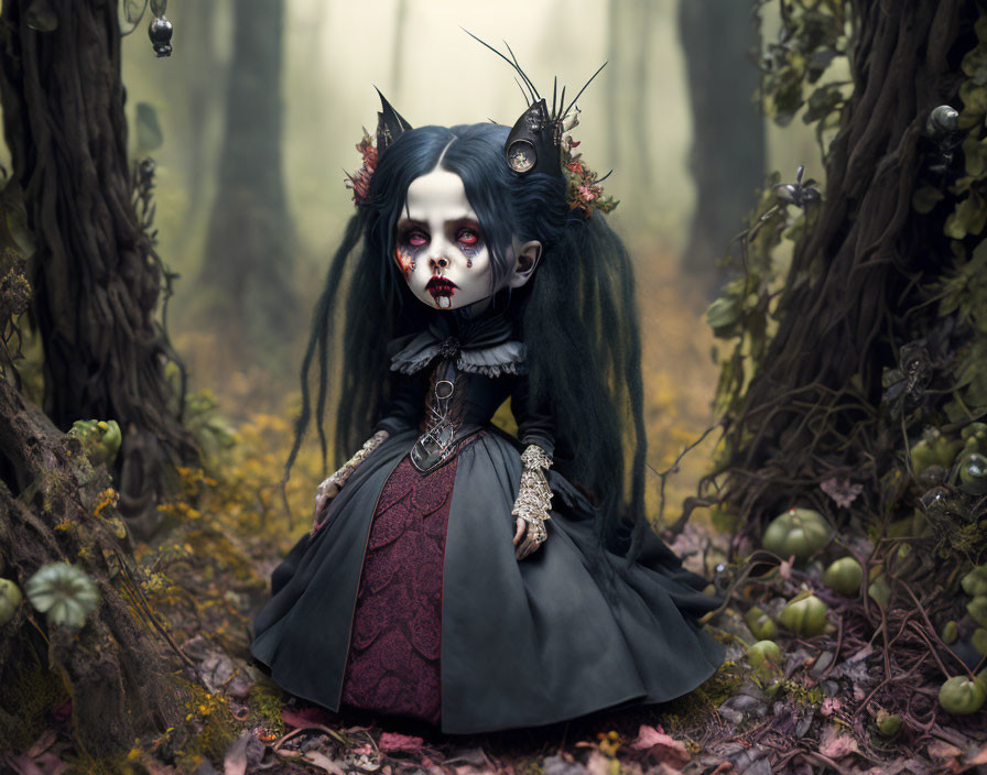 Gothic doll-like figure in dark dress with antlers in misty forest