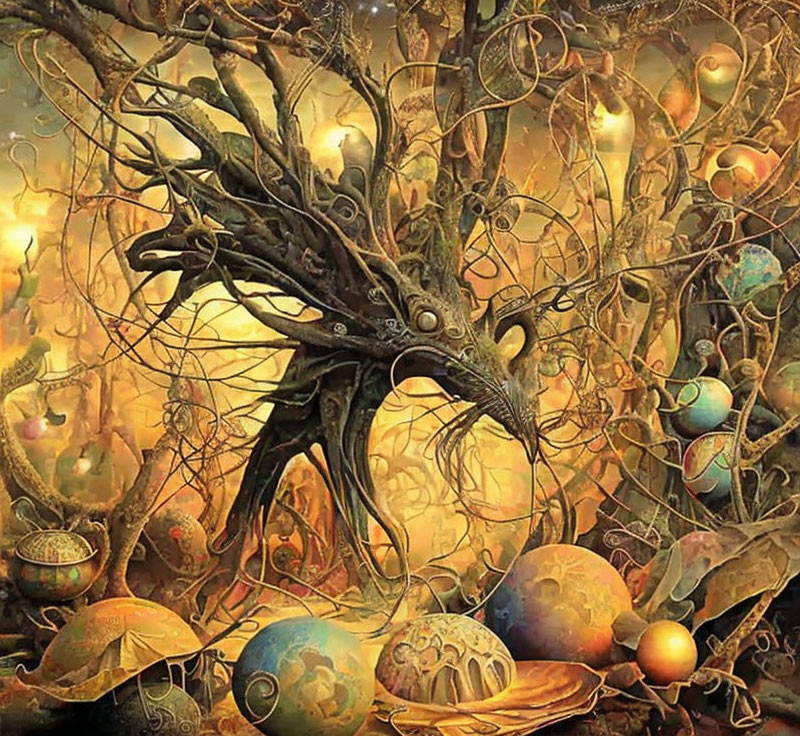 Twisted tree with glowing orbs in mystical landscape with intricate spheres.