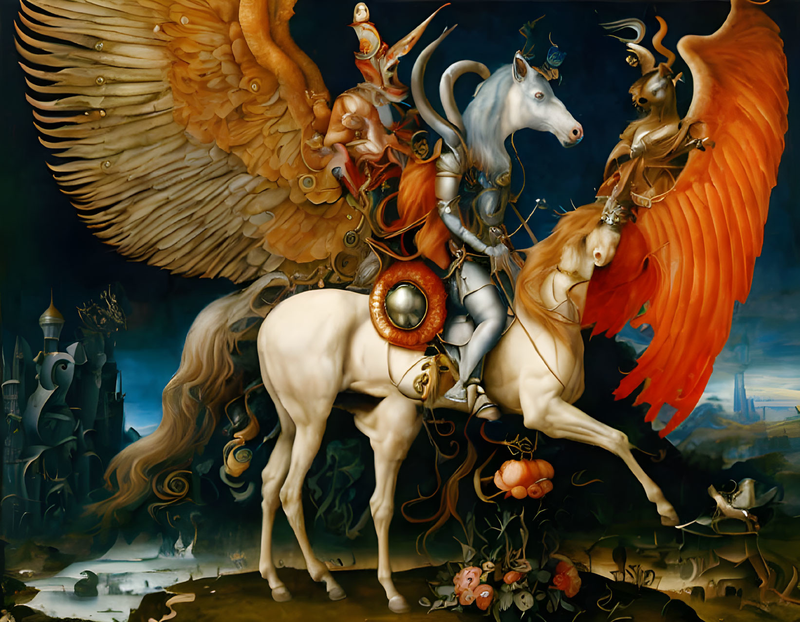 Fantasy painting: Winged beings on unicorns in surreal landscape