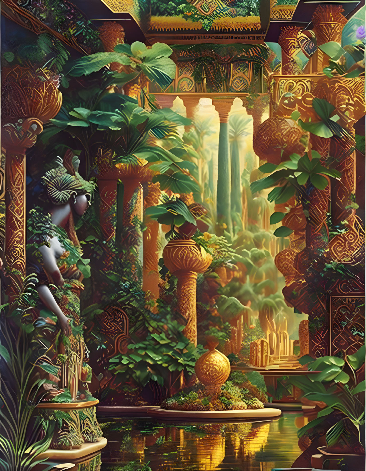 Mythical garden scene with woman statue, pillars, waterfall & reflective water