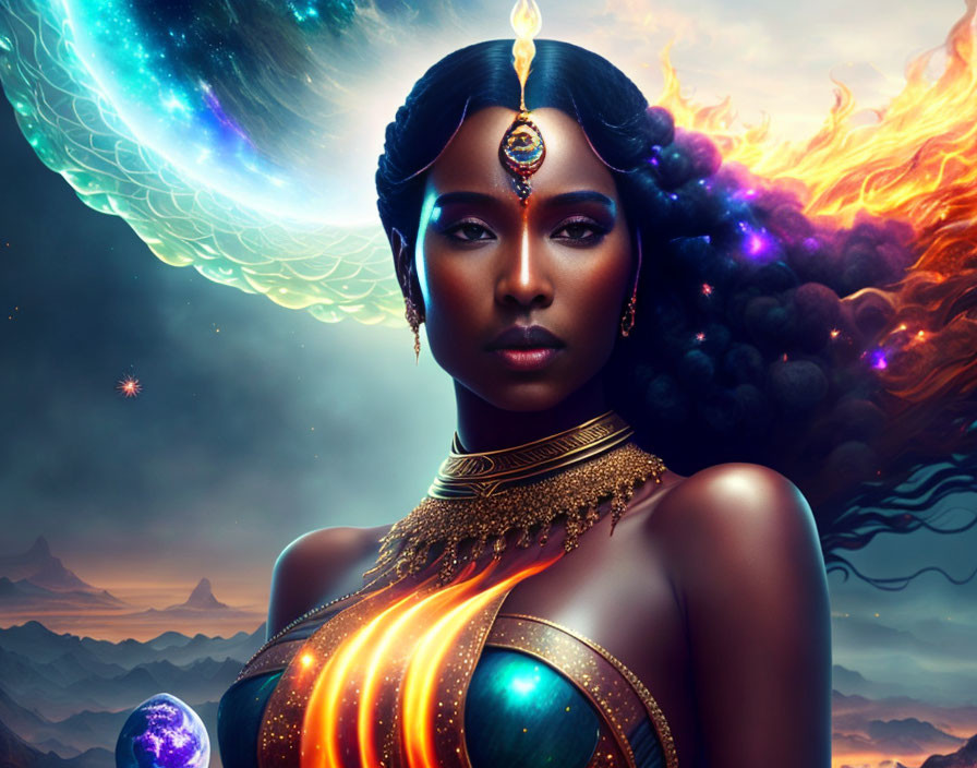 Cosmic-themed woman with fire and space elements and gold jewelry