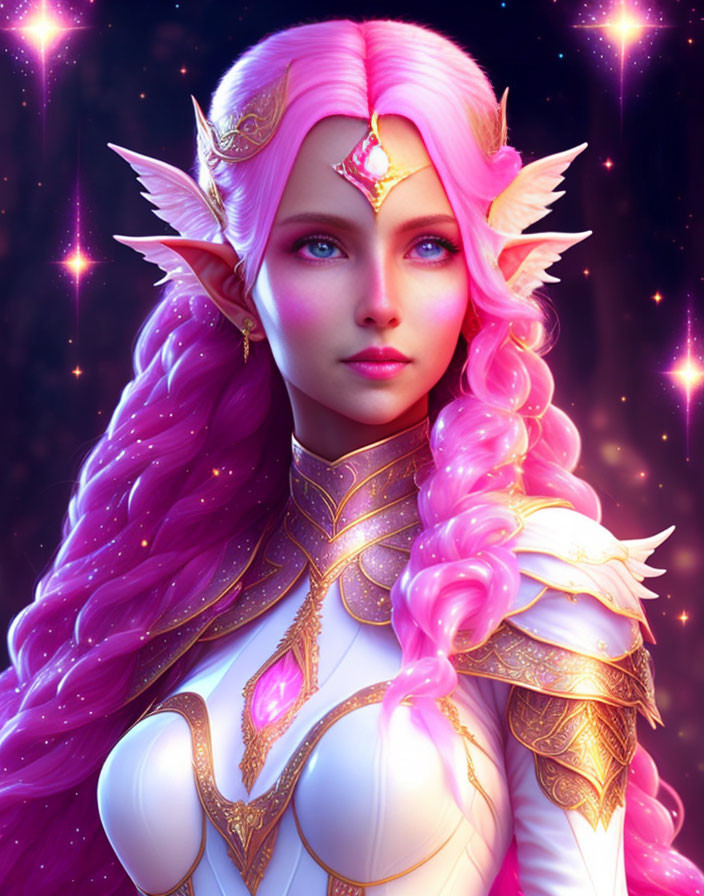 Ethereal female elf with pink hair and golden armor