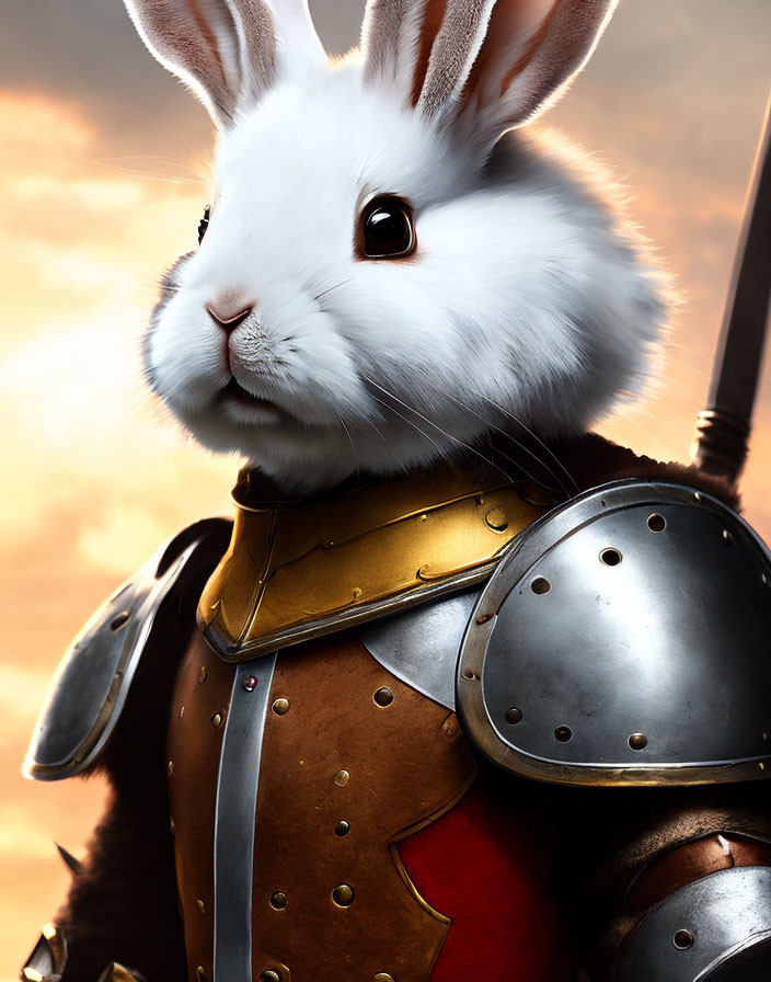 White Rabbit in Ornate Medieval Armor Against Dramatic Sunset