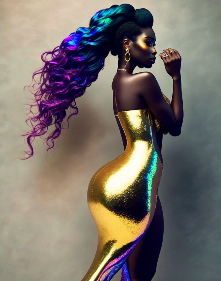 Iridescent Blue and Purple Hair Woman in Gold Dress