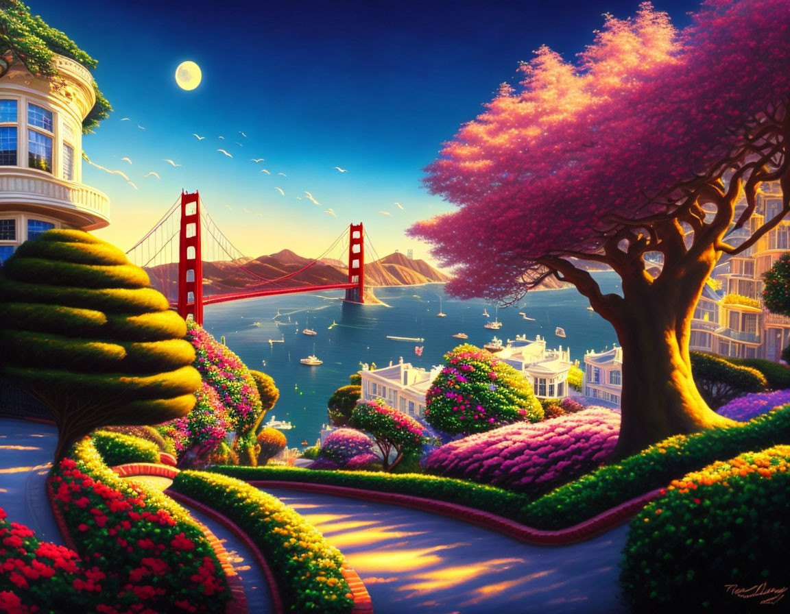 Colorful Artwork of Stylized San Francisco with Golden Gate Bridge