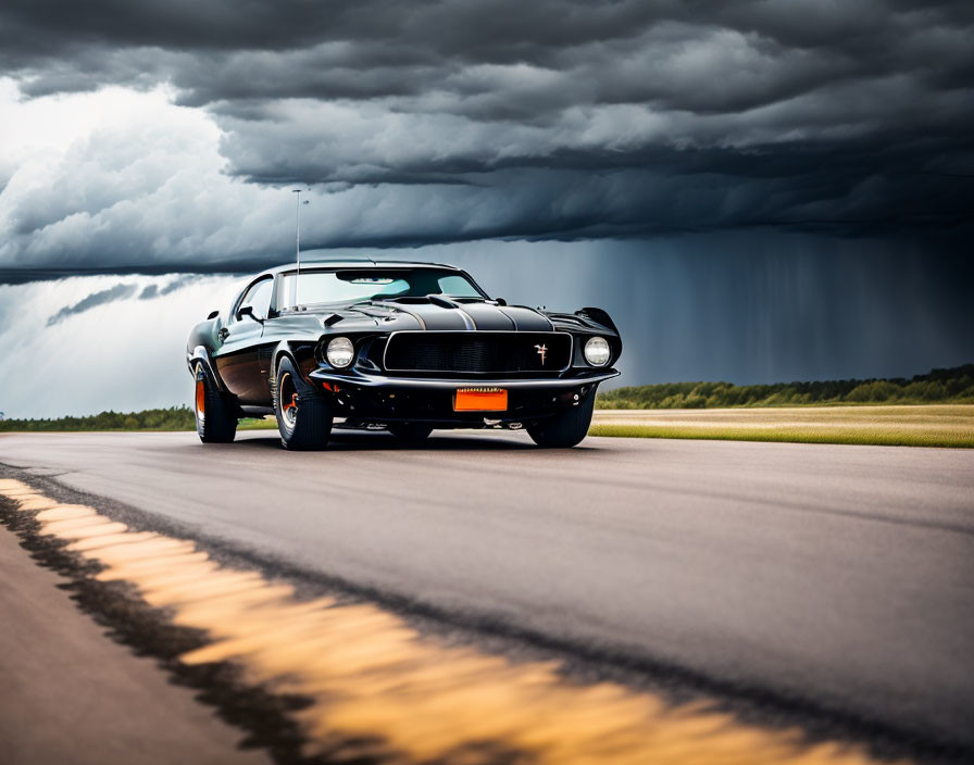 Vintage Black Mustang Driving on Asphalt Road Under Stormy Sky