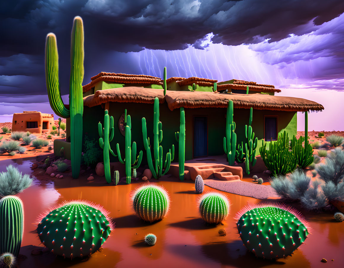 Adobe House and Cacti Under Stormy Desert Sky