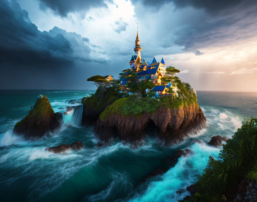 Whimsical castle on rugged cliff in stormy sea with dramatic sky